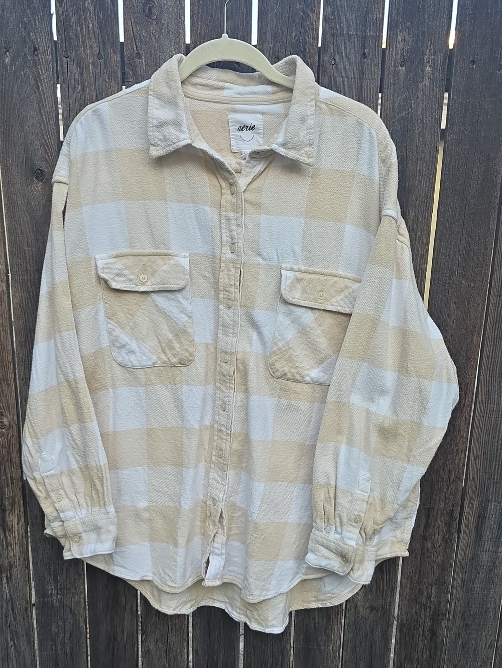aerie Beige and Cream 100% Cotton Flannel Plaid Button-Down Shirt